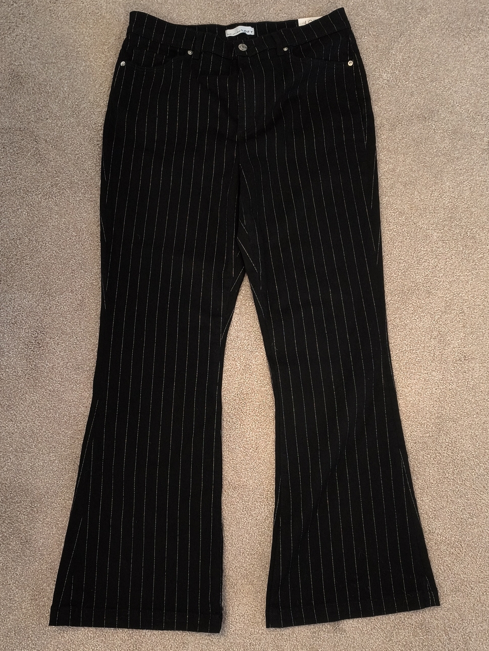 NWT LOFT "The Slim Flare"Black Pinstripe 5 pocket Trousers Y2K Shimmer Stripe